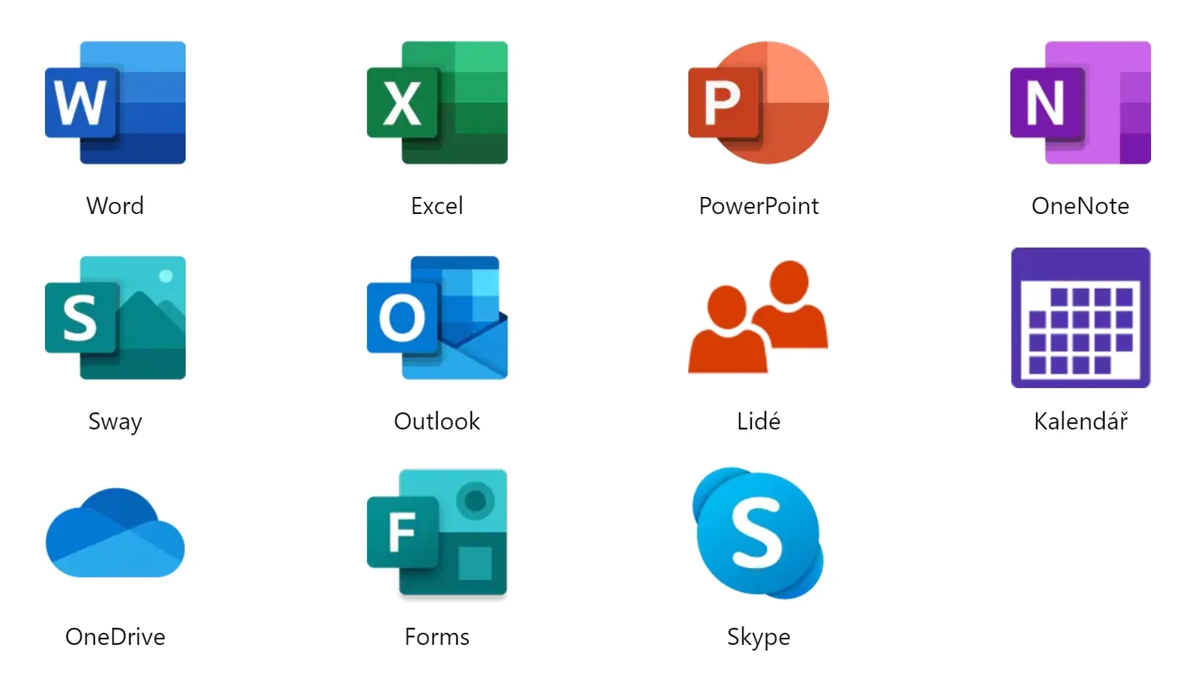 Seznam aplikací dostupných v online prostředí Microsoft Office