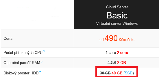 Cloud Server Basic - navýšení HDD kapacity