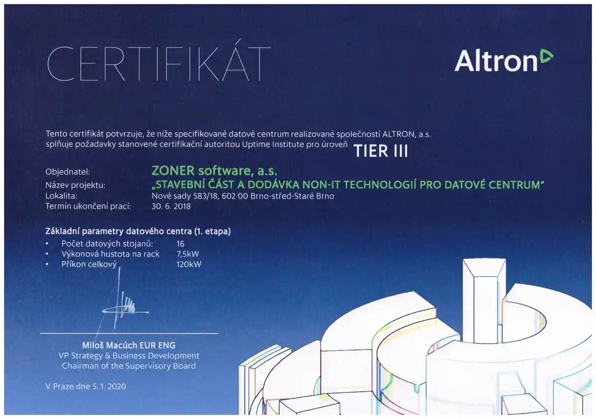 Altron - certifikát